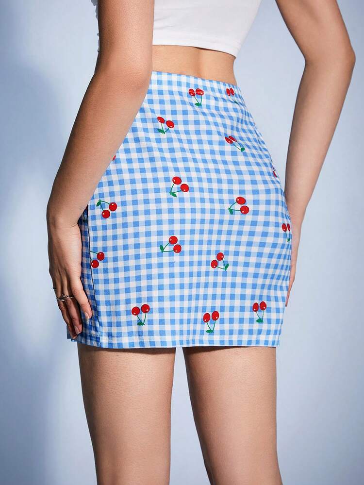 Women's Cherry & Gingham Pattern High Waist Skirt
