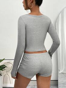 INAWLY Women's Slim Fit T-Shirt And Shorts Henry Set Fall Cloth For Women - Khaki - View 2