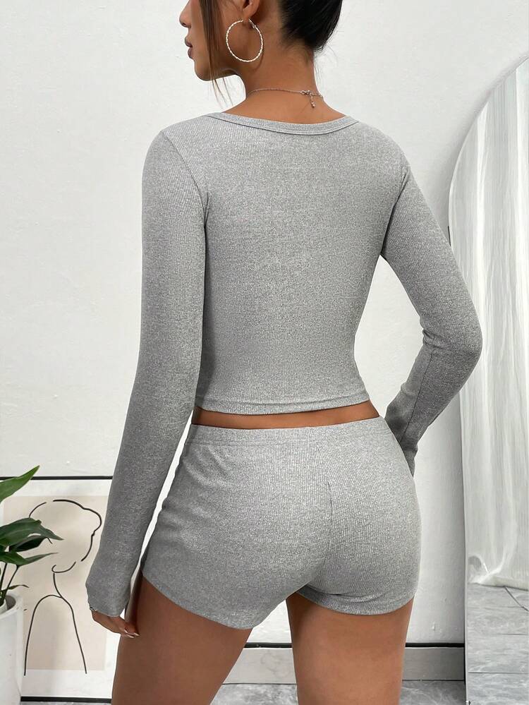 Women's Slim Fit T-Shirt And Shorts Henry Set Fall Cloth For Women