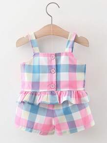 SHEIN Newborn Baby Girls' Summer Plaid Print Tank Top And Shorts Set - Multicolor - View 1