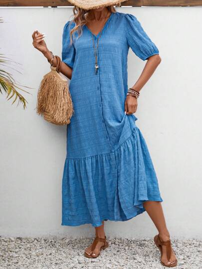 EMERY ROSE Women'S Casual Half-Sleeve Button Down V-Neck Dress For Summer  Long Summer Dress