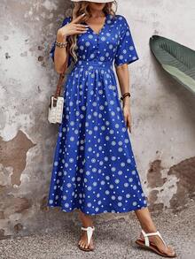 SHEIN LUNE 女性波點印花長夏季連衣裙,適用於工作 - 藍色 - 查看 6