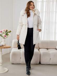 SHEIN Privé 大码女式优雅连帽加厚外套，带保暖内衬 - 杏色 - 查看 6