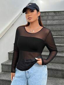 SHEIN EZwear Women's Plus Size Mesh Perspective Long Sleeve Top - Black - View 3