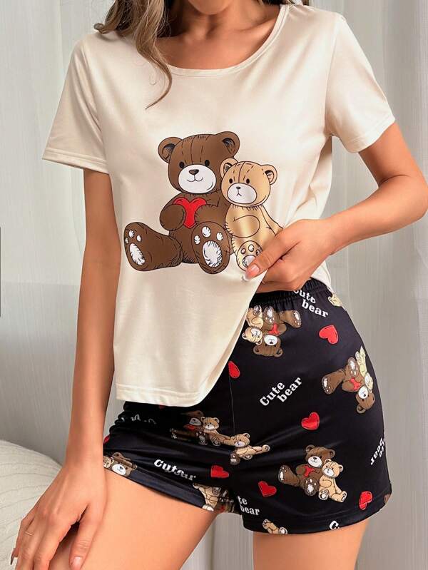 Cute Women's Knitted Bear Print Round Neck Regular Sleeve Pajama Set With Mini Shorts
