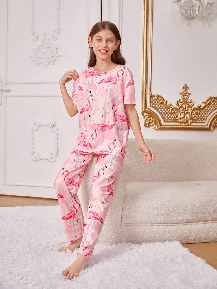 Tween Girls' Flamingo Print Short Sleeve Top And Pants Pajama Set, Household Clothing