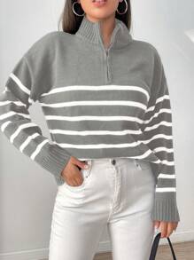 SHEIN Essnce Của phụ nữ Nửa Zip Sọc Áo len Với giá đỡ Vòng cổ - Xám - Xem 1