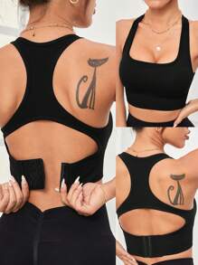 Easithlete 女式純色鏤空背部運動胸罩 - 黑色 - 查看 2