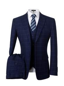 Furuyal 1set Men's Single Breasted Check Suit Jacket, Single Breasted Vest And Suit Pants, 3pcs Set - Navy Blue - View 1