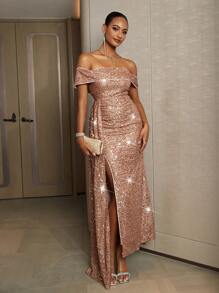 SHEIN Belle Vestido formal de oro rosa con lentejuelas, corte alto y fuera del hombro para mujer