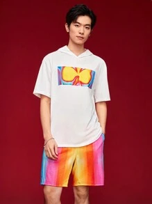 Manfinity Unisex Ensemble T-shirt À Capuche Casual À Manches Courtes Et Short Pour Homme Avec Design Imprimé, Coupe Ample