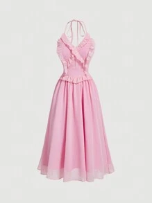 SHEIN MOD Women's Halter Neck Spliced Frill Hem Dress With Tassel Tie - Pink - View 1