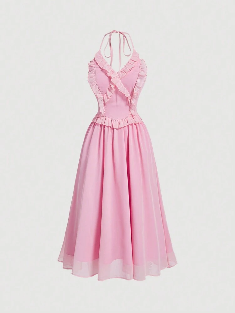 Women's Halter Neck Spliced Frill Hem Dress With Tassel Tie