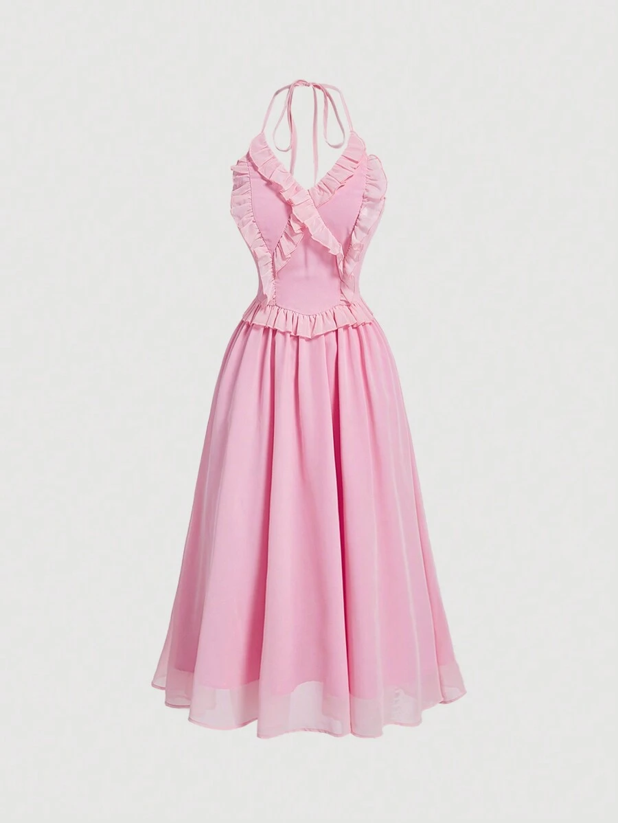 SHEIN MOD Women's Halter Neck Spliced Frill Hem Dress With Tassel Tie - Pink - View 1