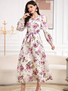 Modelyn Women's Belted Floral Print Puff Sleeve Dress