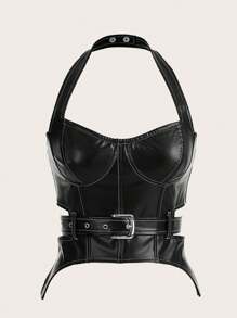 SHEIN ICON 女士修身款拼色聚氨酯背带上衣，下摆不对称，缝线清晰 - 黑與白 - 查看 2