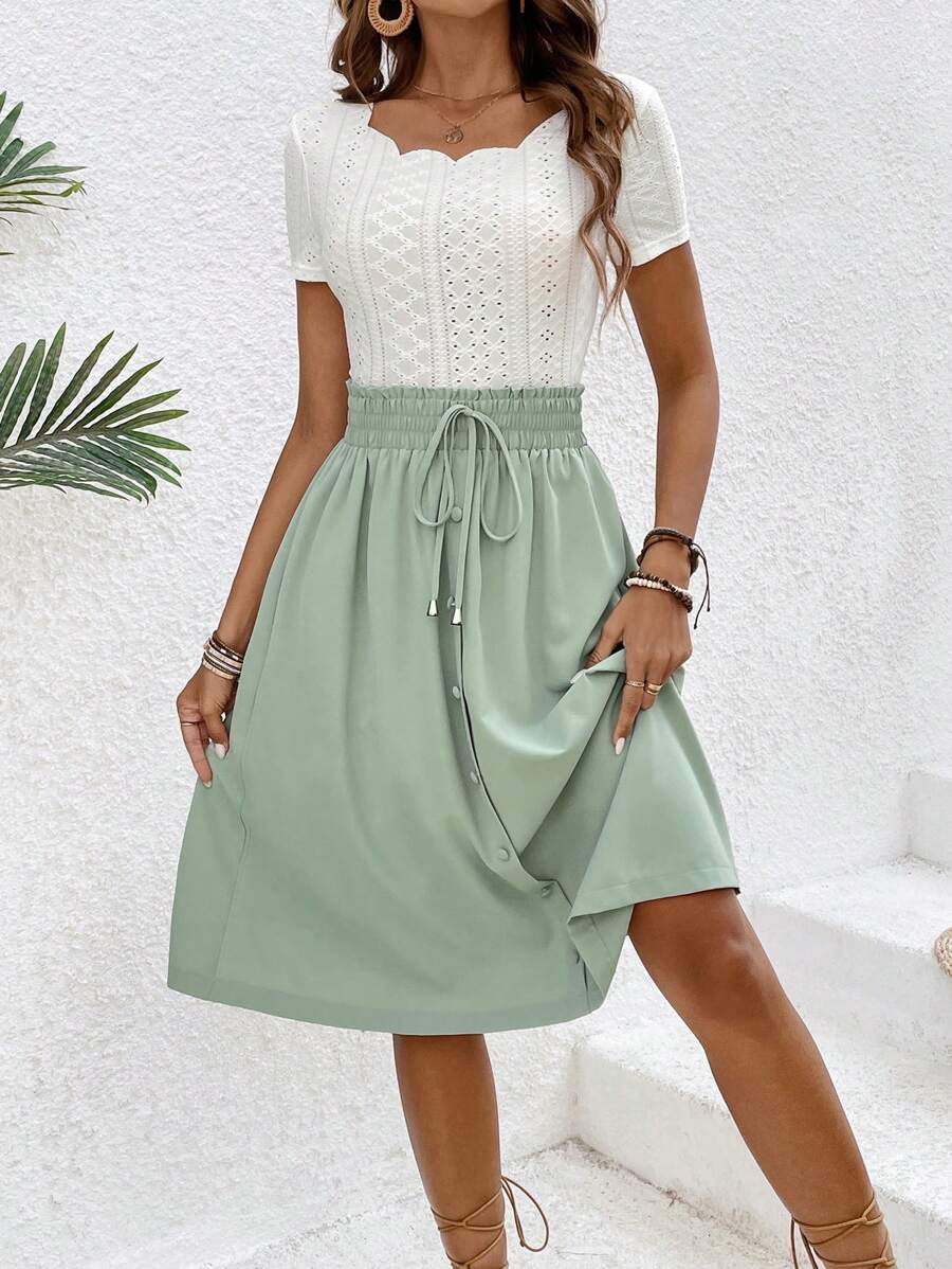 SHEIN Frenchy Damski Brzeg Scallop Krótki Rękaw Koszulka  I Zestaw spódnic