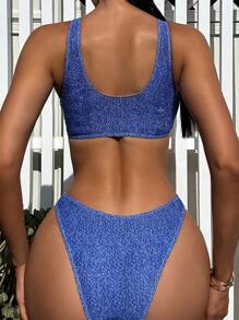 SHEIN Swim Solid Color Bikini Set Carnival Summer Beach - Blue - View 2