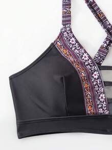 SHEIN Swim 夏季女士拼接编织肩带镂空比基尼套装 - 黑色 - 查看 8