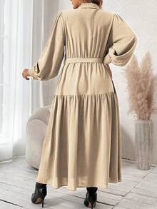 SHEIN Franclia 大尺碼女裝燈籠袖襯衫連衣裙 - 杏色 - 查看 2