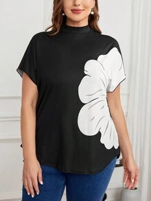 SHEIN Privé 加大码优雅定位花卉印花新中式立领短袖弧形下摆弹力T恤 - 黑色 - 查看 4
