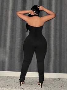 Slaydiva Plus Size Black Tight-Fitting Halter Neck Backless Jumpsuit - Black - View 2