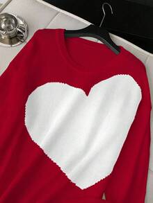 Flirla Red Round Neck Heart Plus Size Sweater - Red - View 4