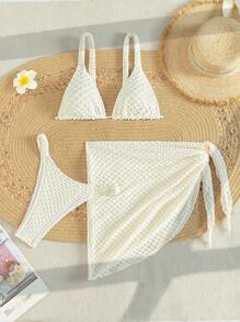 SHEIN Swim Women's Solid Texture Divided Bikini Set, 3pcs/Set Summer Beach