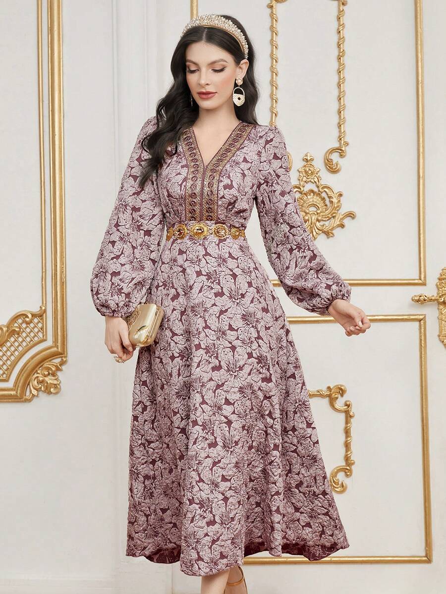 Modelyn 女款 V 領提花燈籠袖連身裙 - 粉色 - 查看 1