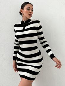 Women's Striped Long Sleeve Zip-Up Half Placket Fitted Casual Knit Dress - Black and White - View 5
