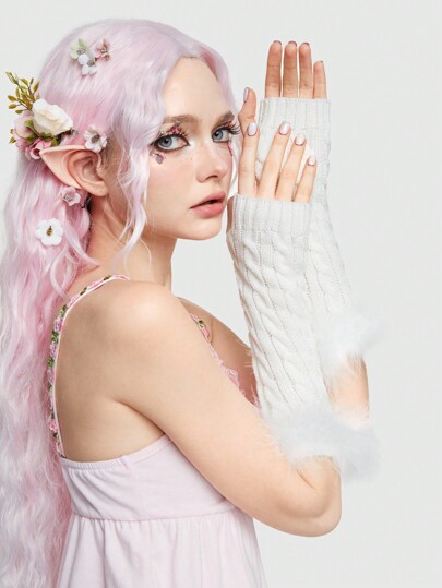 Kawaii 1pc Sexy Feathered Knitted Arm Warmer With Lace Cuff For Teen Girls