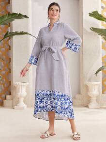 Seusyu Women's Floral Printed Vertical Striped Abaya Dress - Blue - View 6