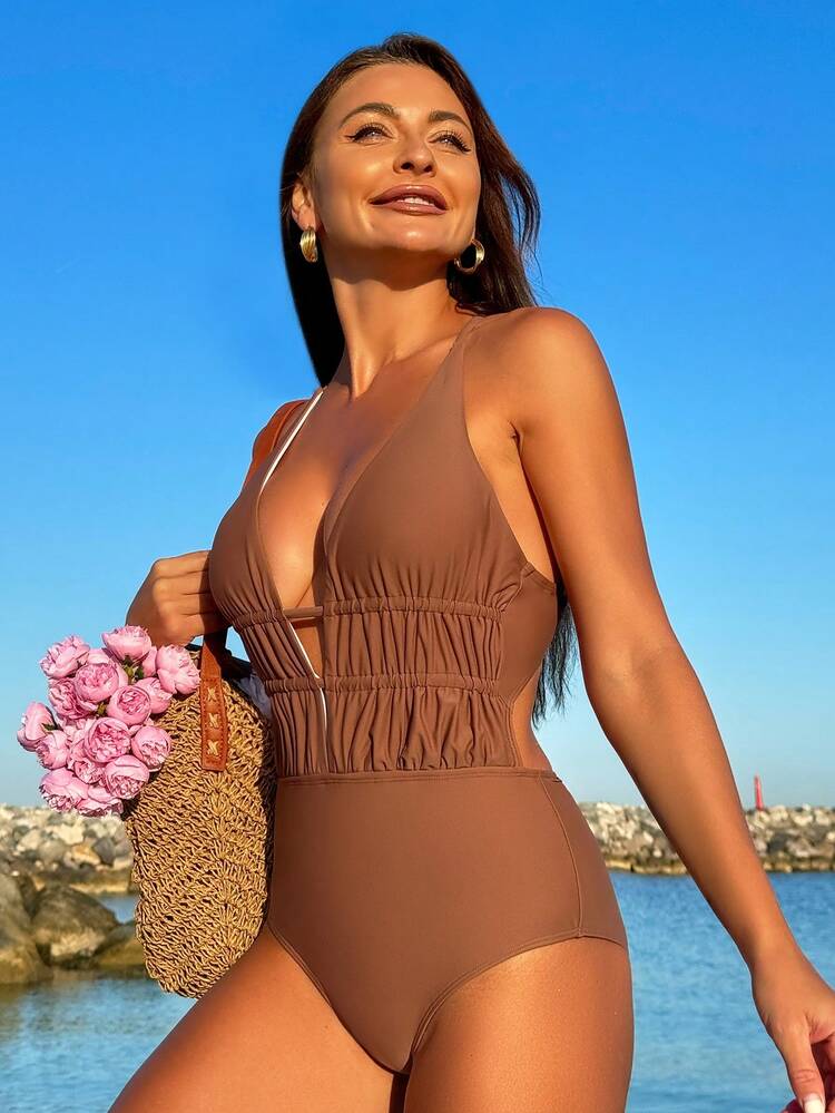 Ladies' Deep V-Neck Crisscross Backless One-Piece Swimsuit Carnival Summer
