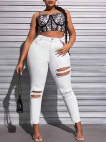 SHEIN SXY 加大碼高腰彈性破洞修身牛仔褲 - 白色 - 查看 1