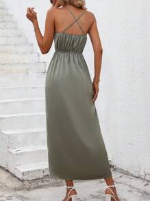 SHEIN Clasi 女款翻領掛脖吊帶吊帶連身裙 - 綠色 - 查看 2