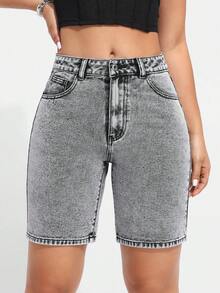SHEIN EZwear Của phụ nữ Thon gọn Quần short Denim Với Nghiêng Túi - Xám - Xem 4