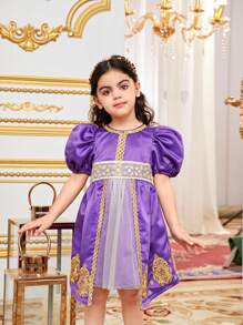 SHEIN Vestido de línea A de bloques de color hermosos para niña joven con detalles de parche - Morado - Ver 2