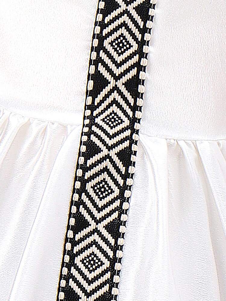 Young Girl Color Block Geometric Ribbon Detail Stand Collar Dress