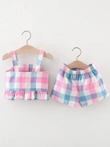 SHEIN Newborn Baby Girls' Summer Plaid Print Tank Top And Shorts Set - Multicolor - View 2