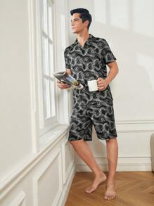 男士休閒鈕扣短袖印花襯衫和短褲居家套裝 - 黑色 - 查看 7
