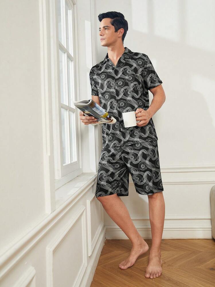 Men's Leisure Button-Down Short Sleeve Printed Shirt & Shorts Homewear Set