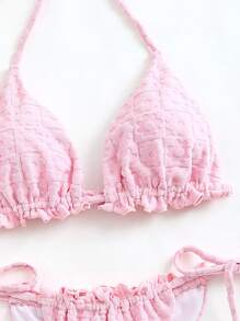 Swim Mod Women's Solid Color Textured Swimwear Set Summer - Pink - View 5