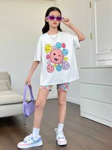 SHEIN Tween Girls' Knitted Solid Color Round Neck Loose Fit Casual T-Shirt And Shorts Co-Ord Set - White - View 3