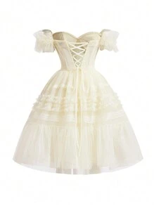 SHEIN Belle Off The Shoulder Back-Tied Cocktail Party Dress Vintage - Yellow - View 10