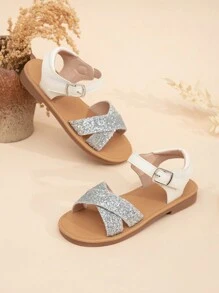 Sandalias planas de moda para niñas con diseño de purpurina con cierre de gancho y bucle y hebilla - Plateado - Ver 1