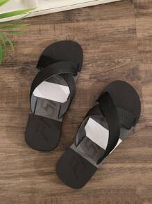 Chaussons D'été Pour Homme Avec Sangle Croisée Sur Le Pied, Noir Et Couleur Bloc, Bride En Tissu, Bout Ouvert, Décontracté, Plage, Extérieur