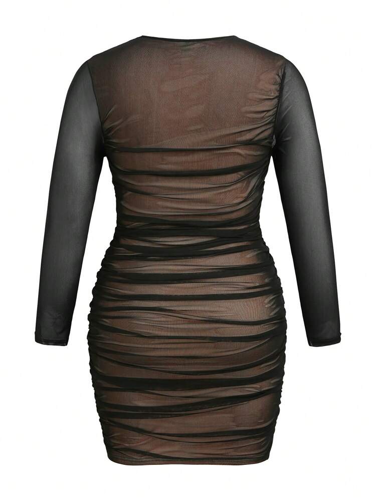 Plus Size Fashionable Pleated Round Neck Dress