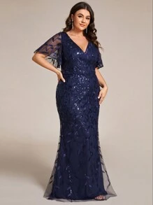 EVERPRETTY Plus Size Women V-Neck Sequin Embroidery Mesh Mermaid Maxi Dress, Formal Evening Party Gown For Valentine's Day Date, Winter Spring Wedding Guest Cocktail Dress, Navy Blue - Navy Blue - View 3