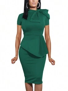 Women's Bodycon Dress With Bow Decoration - Green - View 3