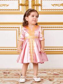 SHEIN Đứa bé gái Tuyệt đẹp Xa ten In Ngắn tay Đầm - Hồng - Xem 1